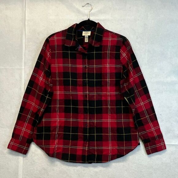 ST. JOHN’S BAY Women’s Classic Shirt Medium Red Plaid Long Sleeve Cotton NWT NEW - Picture 2 of 13